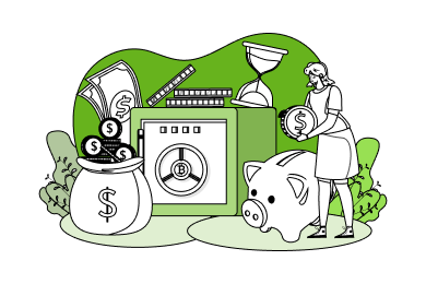 graphic device of a person holding money and surrounded by safes and moneybags